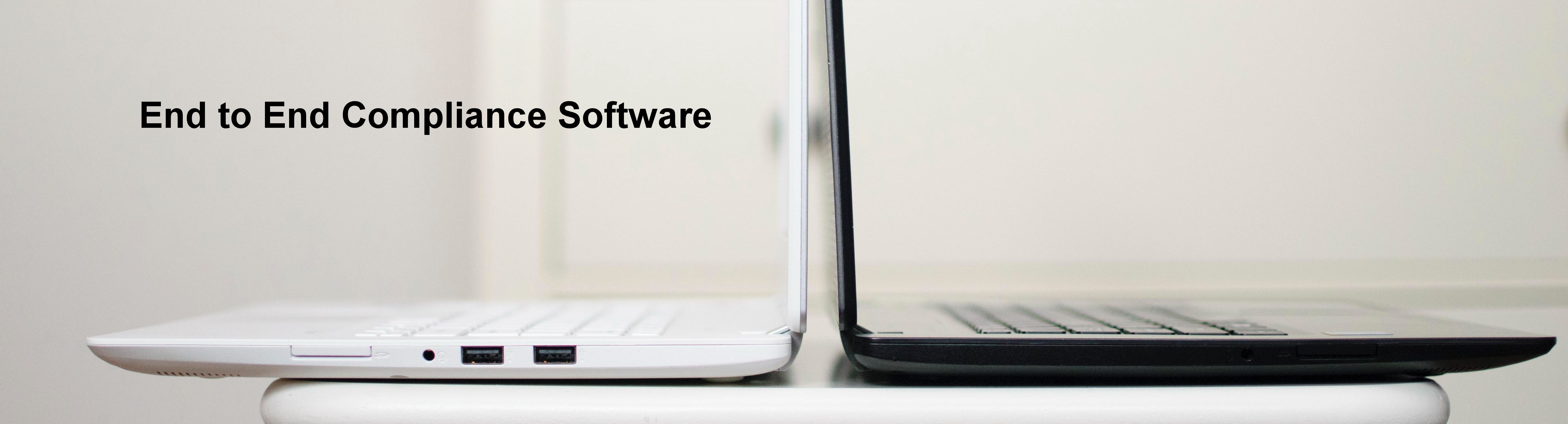 Slide 2: End to End Compliance Software - Two laptops sit back to back